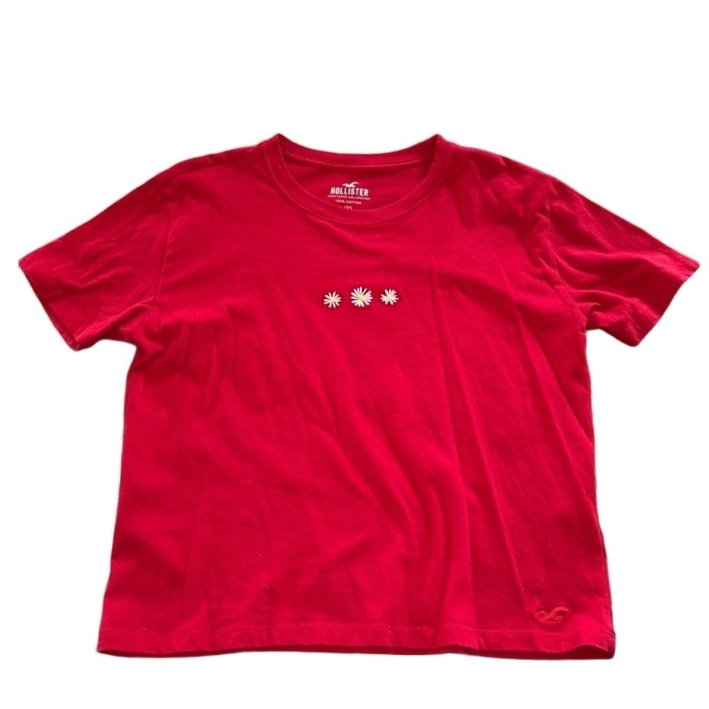 Hollister Red Daisies Flower Embroidered Baby Tee | Cropped T-Shirt – XS